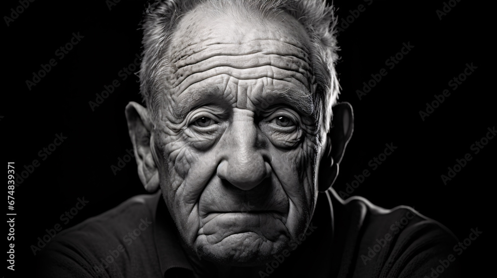 A contrasting monochrome portrait depicting the facial expressions of an aged individual - perfect to emphasize life knowledge, maturity, or aging aspects in articles or public awareness campaigns. A contrasting monochrome portrait depicting the facial expressions of an aged individual - perfect to emphasize life knowledge, maturity, or aging aspects in articles or public awareness campaigns.