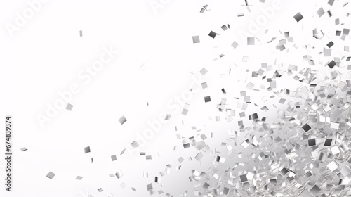 Silver confetti foil is bursting around in the sky, scattering glittering clusters across a blank backdrop.