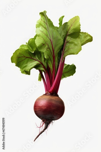 A picture of a beet with vibrant green leaves on a clean white background. This image can be used for various purposes, such as illustrating healthy eating, organic farming, or vegetarian recipes.