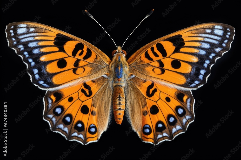Fototapeta premium A close-up photograph of a vibrant butterfly against a black background. Perfect for nature enthusiasts and those looking to add a touch of beauty to their designs.