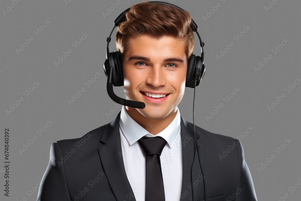 A professional man in a suit and tie wearing a headset. This image can be used to represent customer service, telemarketing, or office communication. A professional man in a suit and tie wearing a headset. This image can be used to represent customer service, telemarketing, or office communication.