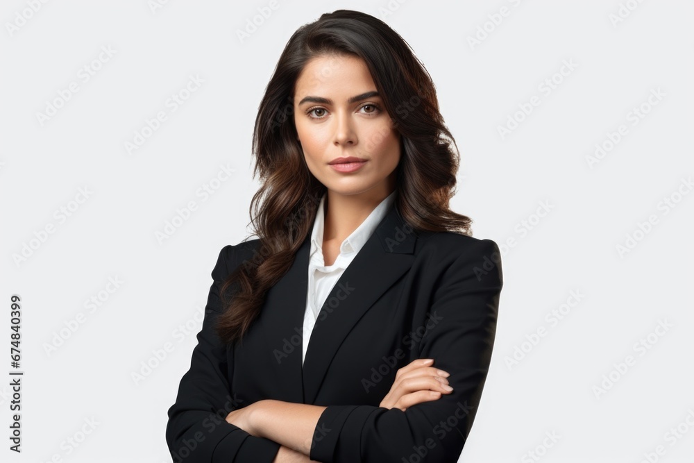 A professional businesswoman wearing a suit and crossing her arms. Perfect for illustrating confidence, authority, and professionalism in corporate environments. A professional businesswoman wearing a suit and crossing her arms. Perfect for illustrating confidence, authority, and professionalism in corporate environments.