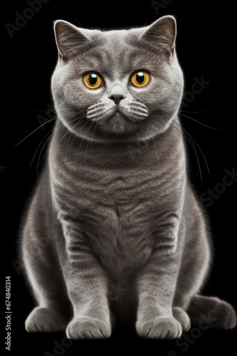 A gray cat with yellow eyes sitting on a black surface. This picture can be used to depict a domestic cat or as a background image for pet-related content.