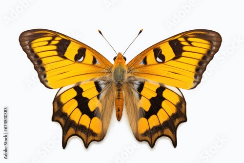 A vibrant yellow and black butterfly captured on a clean white background. Perfect for nature enthusiasts and educational materials about butterflies.