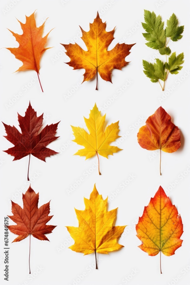 A collection of various colored leaves arranged on a white surface. This image can be used to add a touch of nature and autumn vibes to any design. A collection of various colored leaves arranged on a white surface. This image can be used to add a touch of nature and autumn vibes to any design.