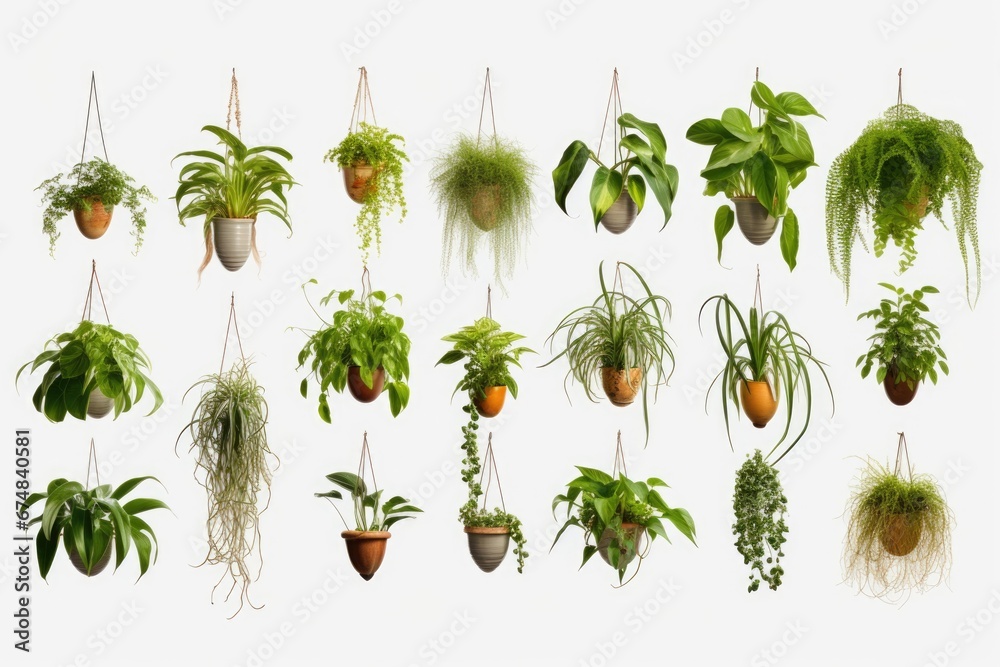 A collection of various plants hanging on a wall. This image can be used to add a touch of greenery and nature to any indoor or outdoor setting.