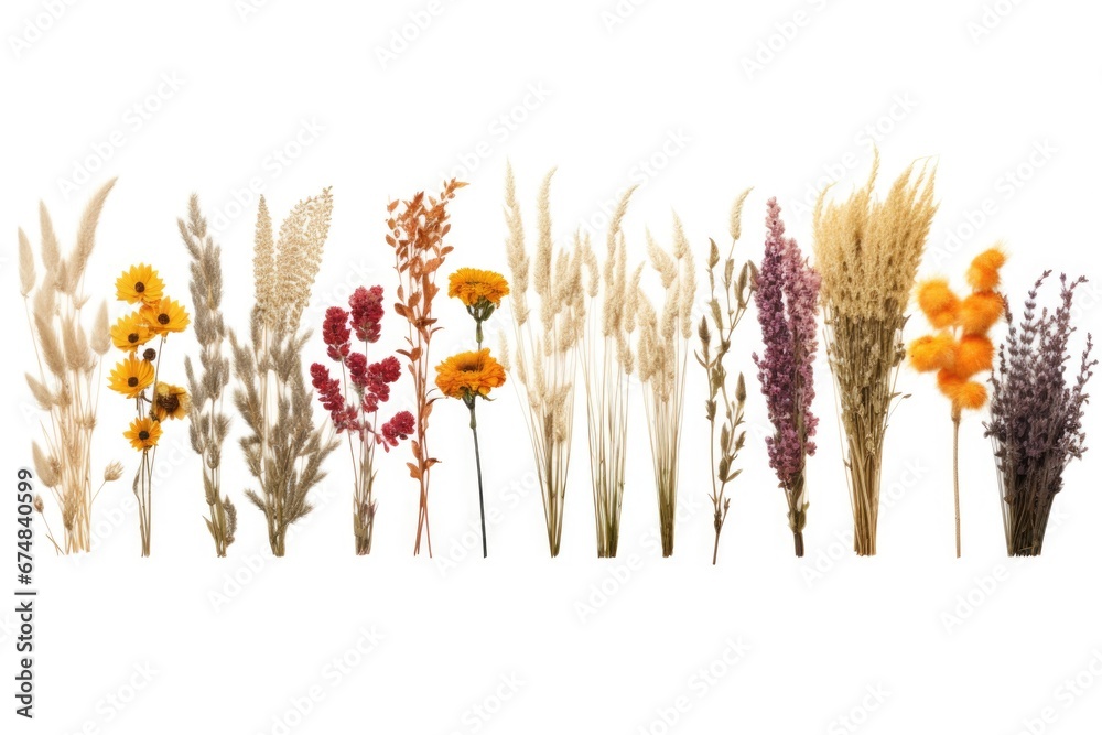 A row of dried flowers arranged neatly on a white surface. This image can be used as a background or for floral-themed designs. A row of dried flowers arranged neatly on a white surface. This image can be used as a background or for floral-themed designs.