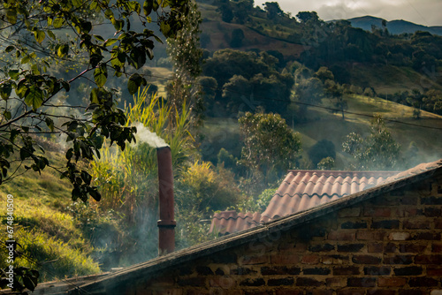 Nature in the mountains of the Colombian Andes. Fireplace in a rural house