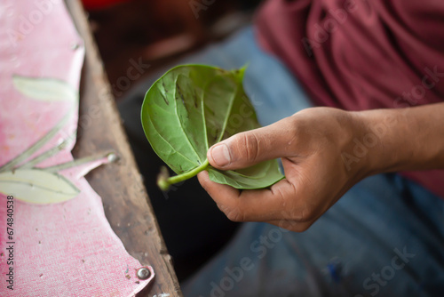 A man is holding a betel leaf with his hands