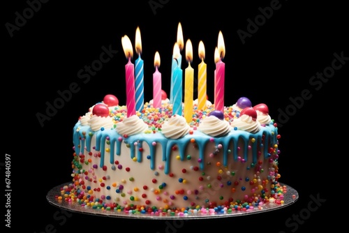 A delicious birthday cake with colorful candles and sprinkles. Perfect for celebrating birthdays and special occasions.