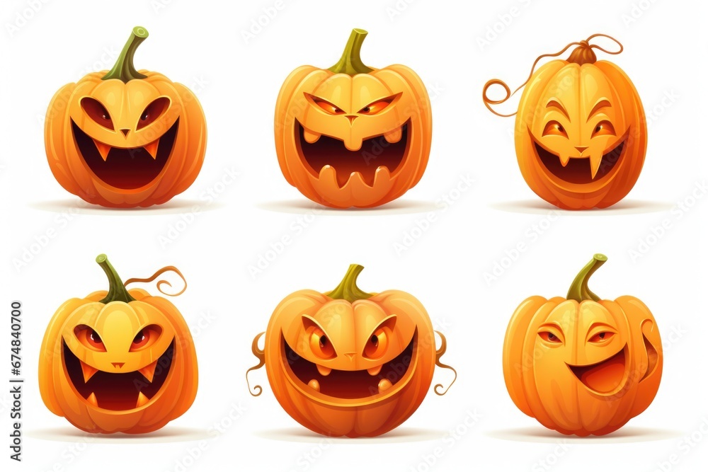 A collection of Halloween pumpkins with different expressions. Perfect for spooky decorations and festive celebrations. A collection of Halloween pumpkins with different expressions. Perfect for spooky decorations and festive celebrations.