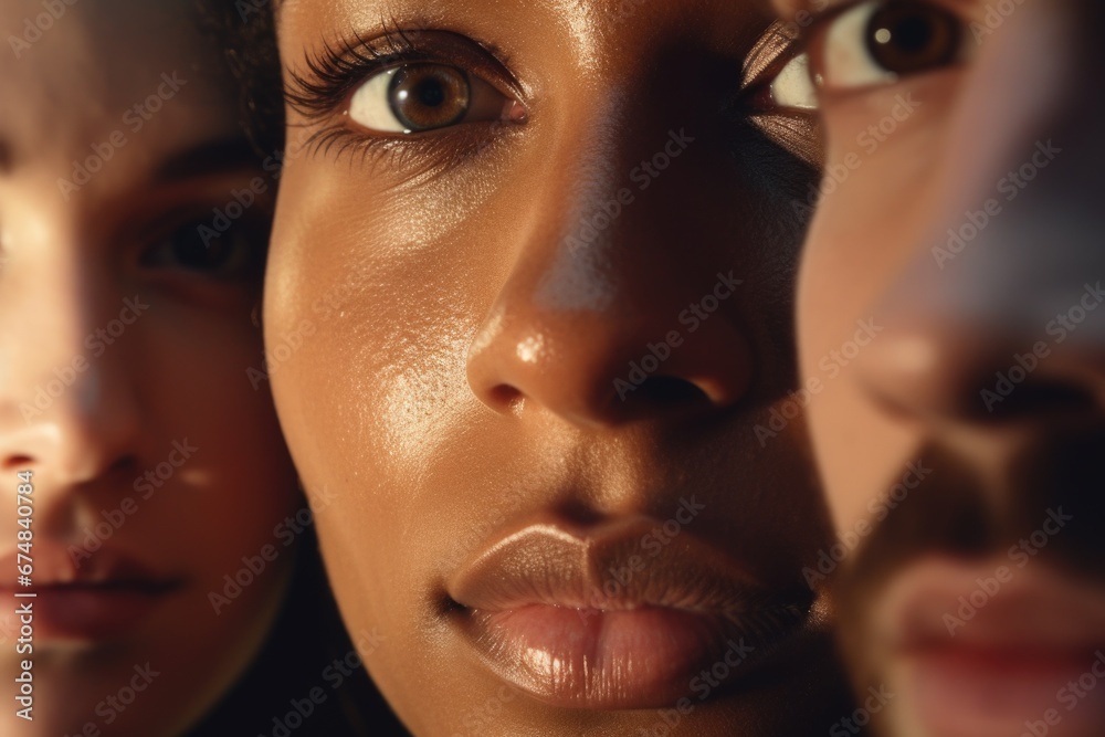 A close up of a woman's face with three other people in the background. This image can be used to represent a group of friends or a team working together.