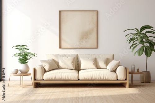 A simple and cozy living room featuring a comfortable couch and a vibrant potted plant. Ideal for home decor and interior design concepts.