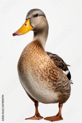 A duck with a yellow beak standing on a white surface. Suitable for nature-themed designs and animal illustrations.
