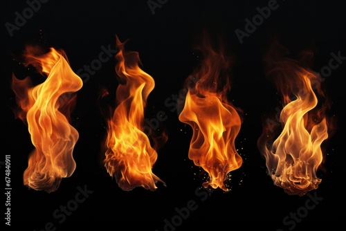 A captivating image featuring a group of fire flames on a black background. Perfect for adding intensity and drama to any design or project.