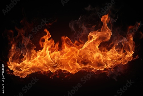 A close-up image of a fire on a black background. This captivating photo captures the intensity and beauty of flames. Perfect for adding warmth and energy to any creative project or design. © Fotograf