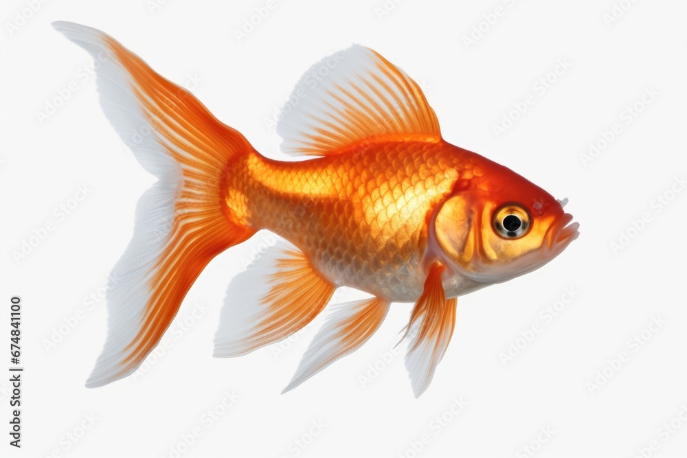 A goldfish swimming gracefully on a pristine white surface. This versatile image can be used in various projects and designs.