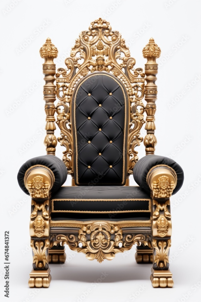 A luxurious gold and black throne with a comfortable black cushion. Perfect for adding a touch of elegance and royalty to any setting A luxurious gold and black throne with a comfortable black cushion. Perfect for adding a touch of elegance and royalty to any setting