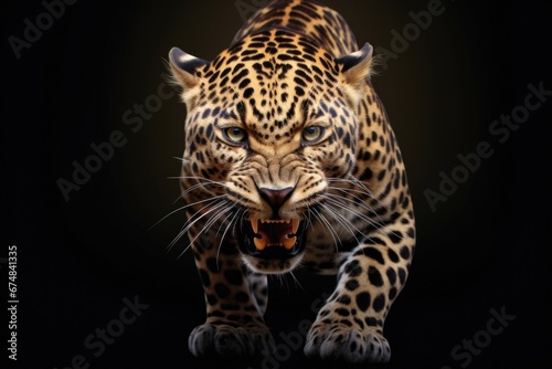 A leopard is walking in the dark with its mouth open. This image can be used to depict wildlife, predators, or the beauty of nature © Fotograf
