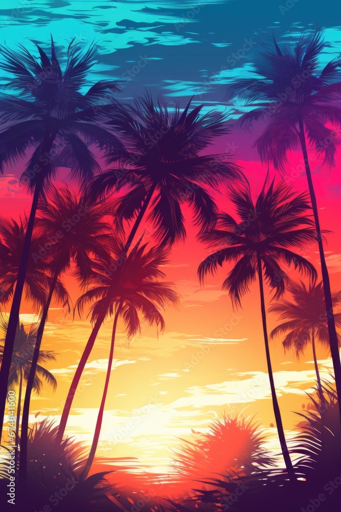 A beautiful sunset scene with palm trees silhouetted against a colorful sky. This image can be used to capture the serenity and natural beauty of a tropical paradise