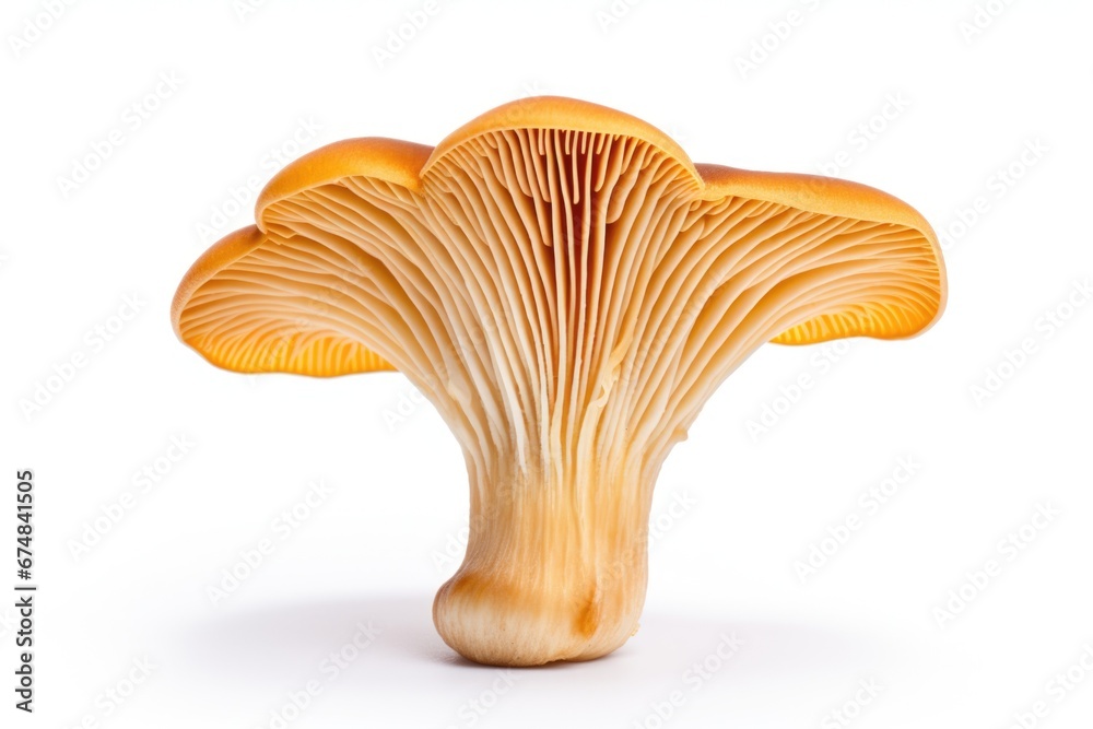 A close up view of a mushroom on a plain white background. This image can be used for various purposes