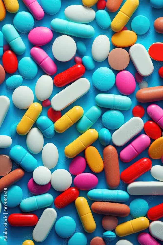 A collection of various colored pills placed on a smooth blue surface. This image can be used to represent healthcare, medicine, pharmaceuticals, or drug-related topics A collection of various colored pills placed on a smooth blue surface. This image can be used to represent healthcare, medicine, pharmaceuticals, or drug-related topics