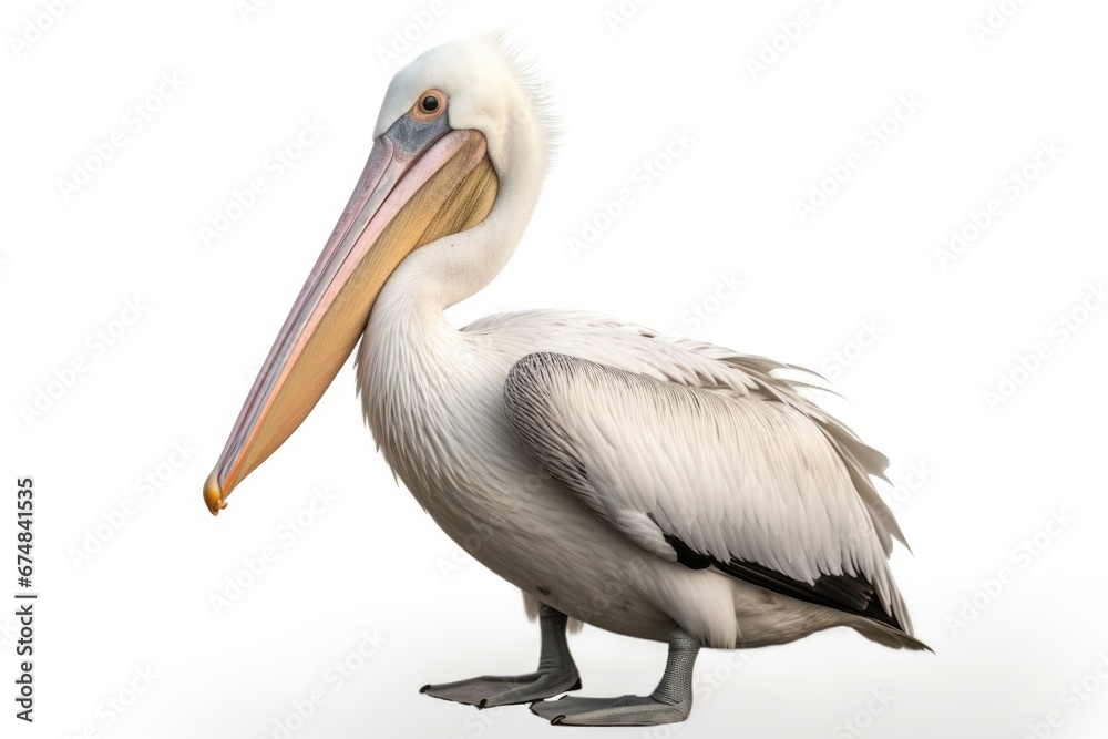 A pelican is standing on a white surface. This image can be used to depict wildlife, birds, nature, or coastal environments A pelican is standing on a white surface. This image can be used to depict wildlife, birds, nature, or coastal environments