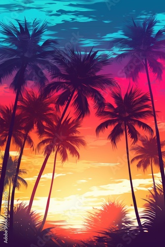 A beautiful sunset scene with palm trees silhouetted against a colorful sky. This image can be used to capture the serenity and natural beauty of a tropical paradise © Fotograf