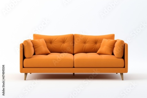 An orange couch sitting on top of a white floor. Suitable for home decor or interior design concepts
