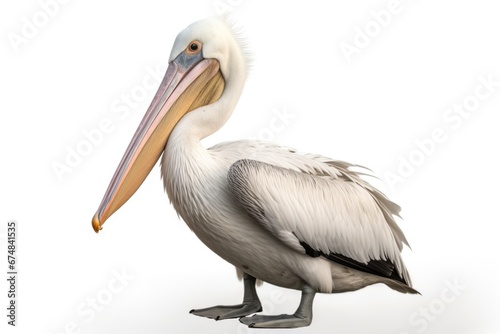 A pelican is standing on a white surface. This image can be used to depict wildlife, birds, nature, or coastal environments
