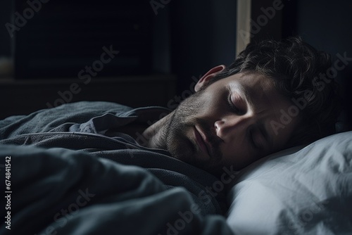 A man peacefully lying in bed with his eyes closed. Suitable for sleep, relaxation, and bedtime concepts © Fotograf