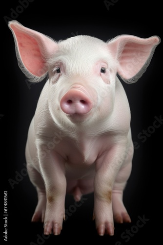 A white pig with pink ears stands against a black background. This image can be used to represent farm animals or for illustrating articles about agriculture © Fotograf