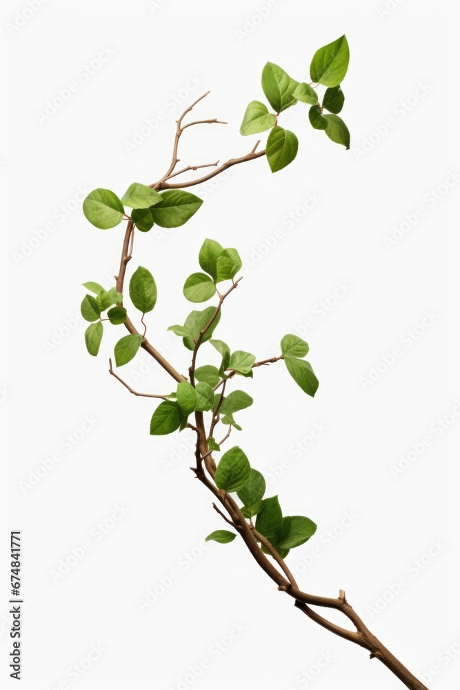 Obraz premium A branch with green leaves on a clean white background. Ideal for use in nature-themed designs and illustrations