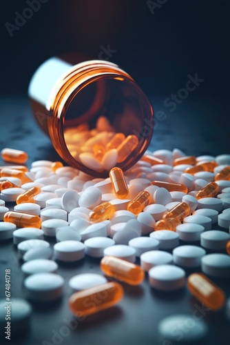 A detailed view of a bottle of pills placed on a table. This image can be used to depict concepts related to healthcare, medicine, prescription drugs, addiction, or mental health photo