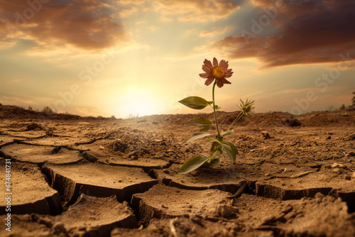Flower growing out of the ground in the desert at sunset.
