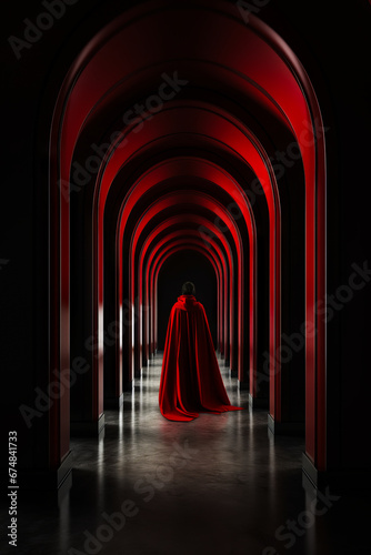 Person in red cloak is walking through hallway.