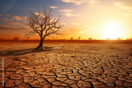 Tree in dry field with sunset in the background.
