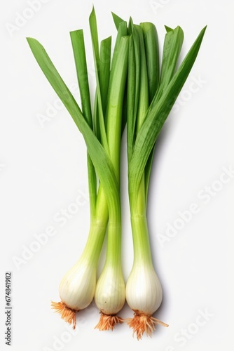 A couple of green onions sitting on top of a white surface. Perfect for cooking and food-related designs