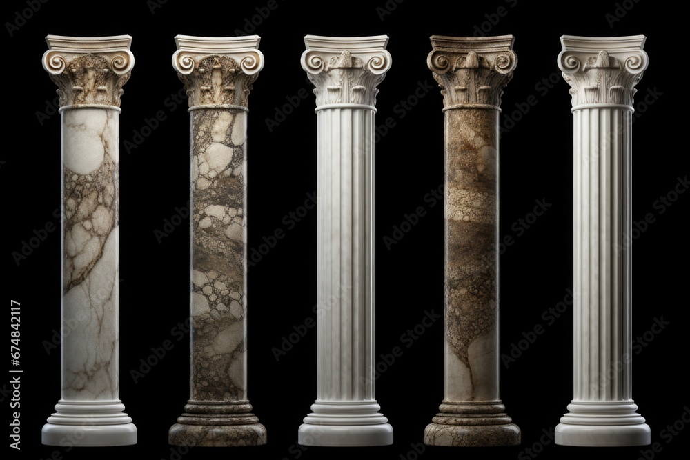 Obraz premium A set of four marble columns with a black background. Perfect for architectural designs and historical projects