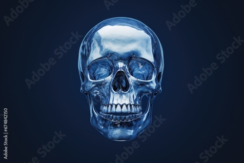 A close-up view of a human skull on a blue background. This image can be used to depict death, horror, or anatomy. Perfect for Halloween decorations or medical presentations