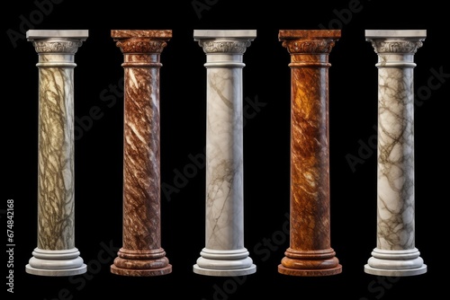 A row of four different colored marble columns. This image can be used to depict elegance, architecture, or design