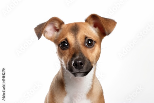 A close-up shot of a brown and white dog looking directly into the camera. This image can be used to showcase the loyalty and charm of pets or to illustrate the concept of animal companionship