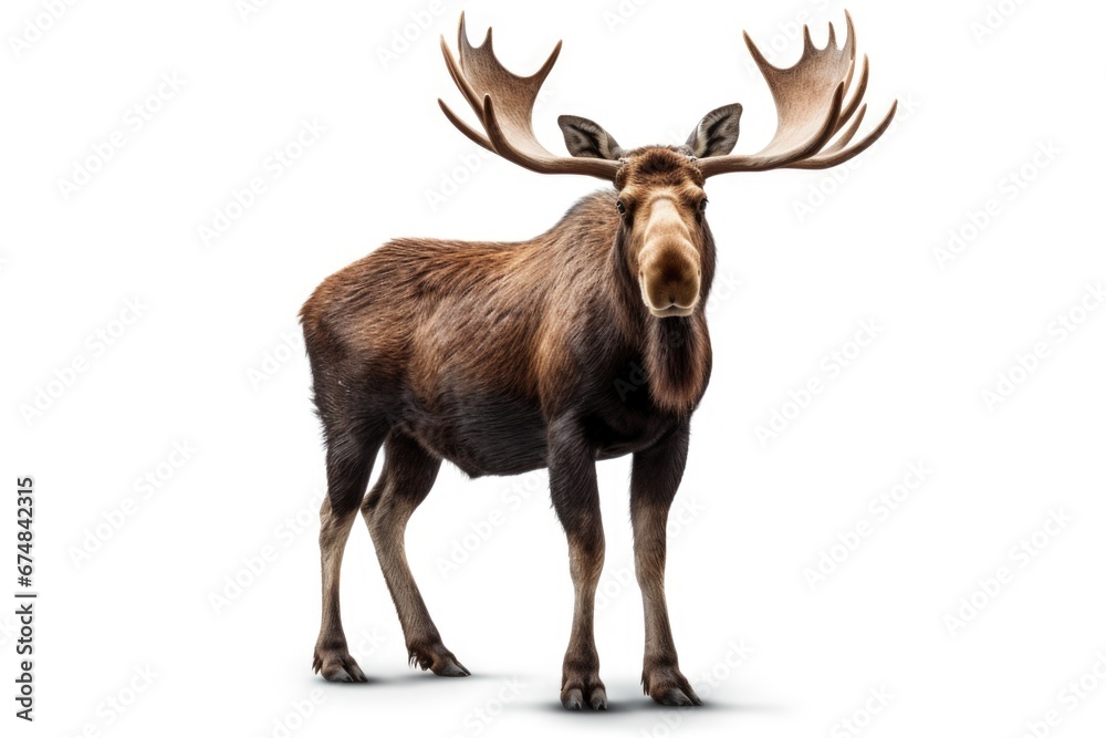 A majestic moose with impressive antlers stands on a clean white surface. This image can be used to depict wildlife, nature, or animal themes. A majestic moose with impressive antlers stands on a clean white surface. This image can be used to depict wildlife, nature, or animal themes.