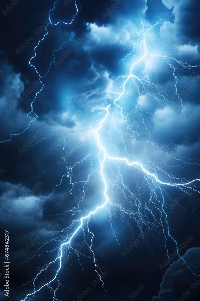 A powerful lightning bolt striking through a cloudy sky. This image ...
