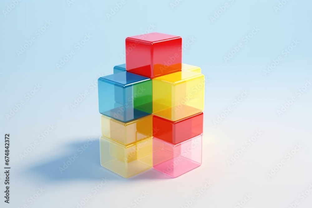 A stack of colorful plastic cubes on a blue surface. This versatile image can be used for various concepts and designs A stack of colorful plastic cubes on a blue surface. This versatile image can be used for various concepts and designs