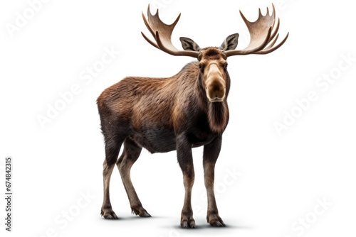 A majestic moose with impressive antlers stands on a clean white surface. This image can be used to depict wildlife  nature  or animal themes.