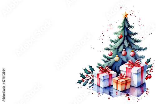 Ilustración de un árbol de navidad con regalos, ambiente navideño para postal o tarjeta de felicitación