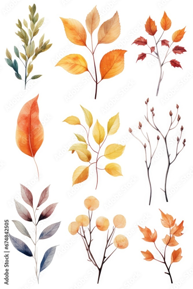 A collection of vibrant watercolor leaves painted on a clean white background. Perfect for adding a touch of nature and color to any design project.
