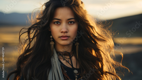Portrait of a teenage Mongolian woman in traditional garb. photo