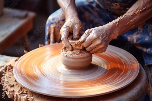 Creating pottery utilizing a potter's wheel, isolated on a white backdrop.